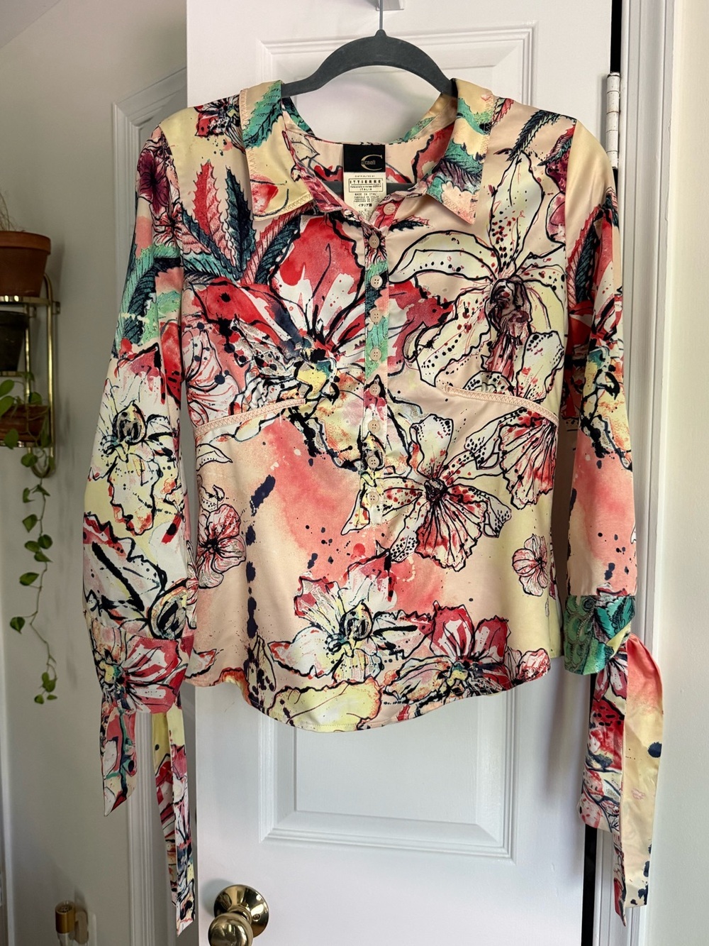 Just Cavalli Vintage Floral Blouse Tie Sleeve Blouse Made In Italy - IT 44 US 8